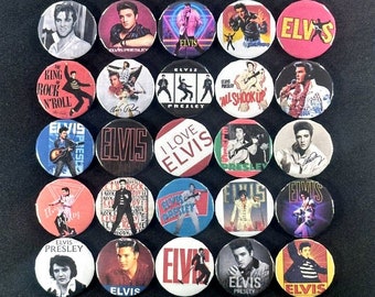 ELVIS PRESLEY 50's 60's 70's Classic Rock Oldies Music Pinback Buttons 1" Size Set Lot of 25 Pins, Elvis Blue Rock Dance Music King Of Rock