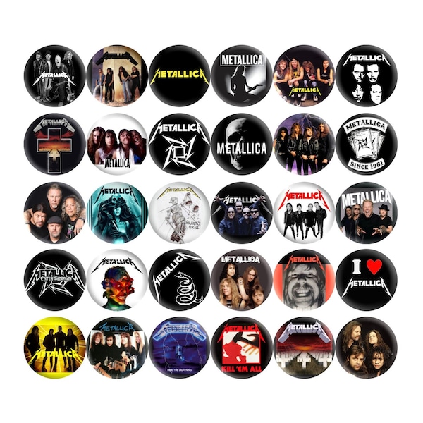 METALLICA Pinback Buttons, 80's 90's Music Heavy Thrash Speed Metal Hard Rock Classic Rock Hair Band Vintage Retro Party Gift Set of 30 Pins