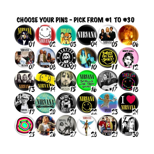 NIRVANA Kurt Cobain Pinback Buttons 90's Alternative Rock Music Seattle Grunge Band Punk Rock Retro Vintage Party Gift Set, Choose Your Pins