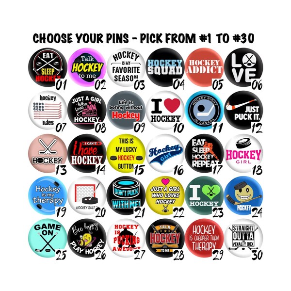 I LOVE HOCKEY Pinback Buttons, Cute Hockey Fan Pins Set, Sports, Hockey Mom Dad Buttons, Choose Your Size and Designs!