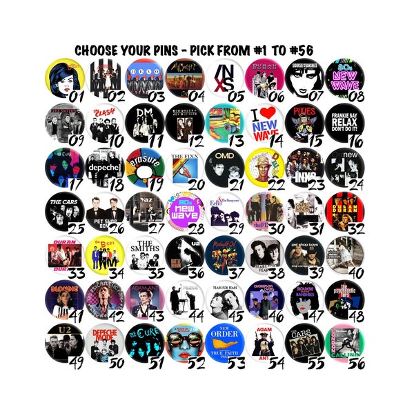 80's New Wave Music Pinback Buttons 80's Post Punk Alternative Pop Rock Band 80's Dance Music Retro Vintage Party Gift Set, Choose Your Pins