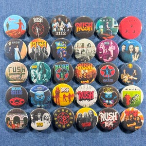 Rush Pinback Buttons Set of 30 Pins, 70s 80s Classic Hard Rock Prog Rock Heavy Metal Band Retro Music Badges Collectibles, Pick Your Size
