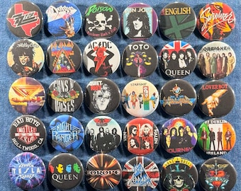 70s 80s Arena Rock Pinback Buttons Set of 30 Pins, Classic Rock Stadium Rock Bands Badges Retro Music Collectibles, Pick Your Size