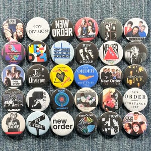 NEW ORDER / Joy Division 80&#39;s Music Pinback Buttons Lot of 30 Pins New Wave Alternative Post Punk Synth Pop Band Electronic Choose Your Size