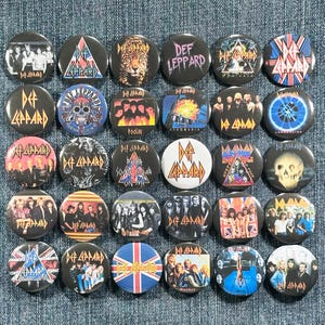 DEF LEPPARD 80&#39;s Music Pinback Buttons Set of 30 Pins, Heavy Metal Hair Band Hard Rock Classic Rock Throwback Retro Vtg Set, Pick Your Size