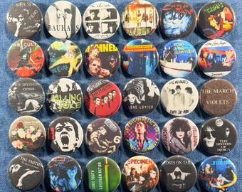 Goth Post-Punk Pinback Buttons Set of 30 Pins, 80s Darkwave New Wave Band Retro Music Badges Collectibles, Pick Your Size
