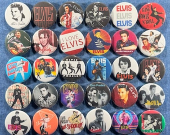 Elvis Presley Pinback Buttons Set of 30 Pins, King Of Rock n Roll Oldies Rockabilly Retro Music Badges Collectibles, Pick Your Size