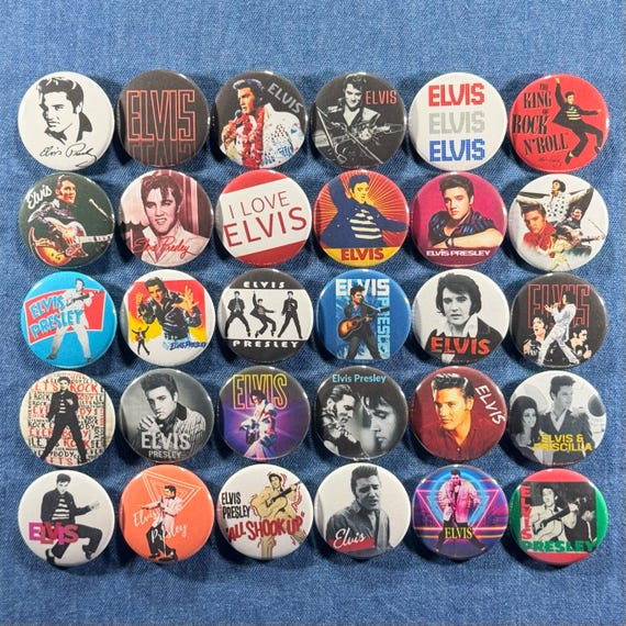 Elvis Presley Pinback Buttons Set of 30 Pins, King Of Rock n Roll Oldies Rockabilly Retro Music Badges Collectibles, Pick Your Size