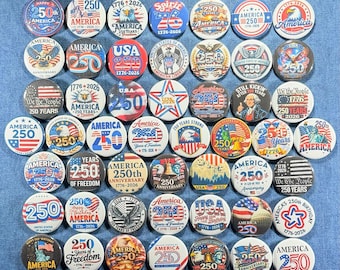 America 250 Pinback Buttons Set of 50 Pins 1776-2026 USA Patriotic Pins 250th Anniversary Collectible Buttons Fourth of July, Pick Your Size