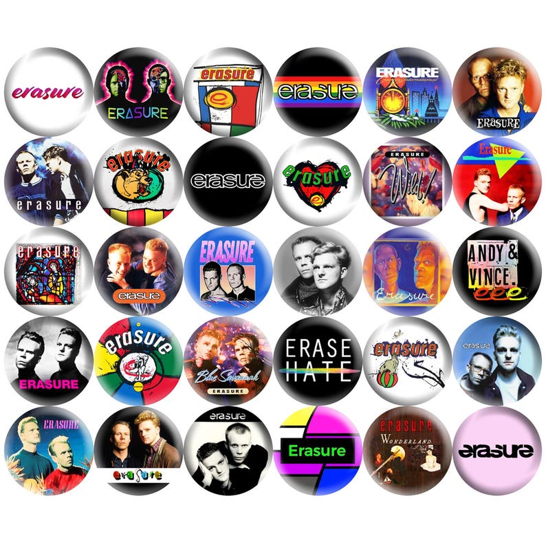 Puede incluir: Una colecci&oacute;n de pines de bot&oacute;n de la banda Erasure. Los pines presentan varios dise&ntilde;os, incluyendo retratos de miembros de la banda, arte de &aacute;lbumes y el logotipo de la banda en diferentes colores. Los pines son redondos y tienen un acabado brillante.