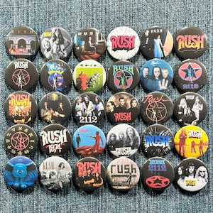 RUSH 70&#39;s 80&#39;s Music Pinback Buttons Lot of 30 Pins Classic Rock Prog Rock Band Geddy Lee Neil Peart Alex Lifeson Vtg Retro Choose Your Size