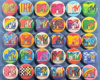 MTV Logo Pinback Buttons Set of 30 Pins, 80s 90s Music TV Throwback Retro New Wave/Pop Rock/Rap Badges Collectibles, Pick Your Size