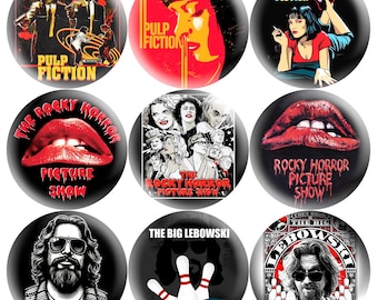 Conjunto de pines de películas de culto, Rocky Horror y El Gran Lebowski, paquete de pines retro, elige un tamaño.