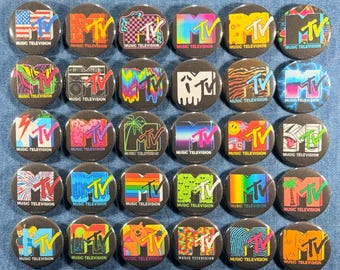 MTV Logo Pinback Buttons Set of 30 Pins, 80s 90s Music TV Throwback Retro New Wave/Pop Rock/Rap Badges Collectibles, Pick Your Size