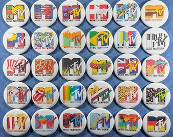 MTV Logo Pinback Buttons Set of 30 Pins, 80s 90s Music TV Throwback Retro New Wave/Pop Rock/Rap Badges Collectibles, Pick Your Size