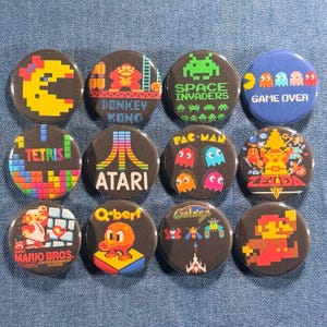 Retro Arcade Gaming Pinback Button Set Pac Man Atari Mario Zelda Space Invaders 80s Video Game Button Collectible Badges Bundle, Pick A Size