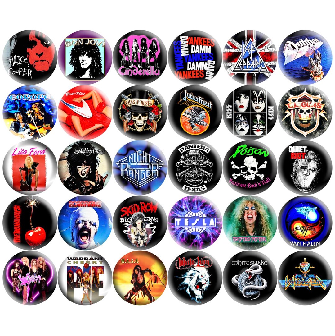 80s Hair Metal Bands Pinback Buttons, Glam Rock Music Badges Retro Set ...