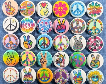 Peace & Love Hippie Flower Child Pinback Buttons 30 Pins 60s 70s Peace Sign Psychedelic Boho Flower Power Badges Collectibles Pick Your Size