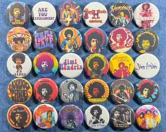 Juego de 30 botones de Jimi Hendrix, insignias de música psicodélica, rock clásico, funk, coleccionables, de los años 60 y 70. Elige tu talla.