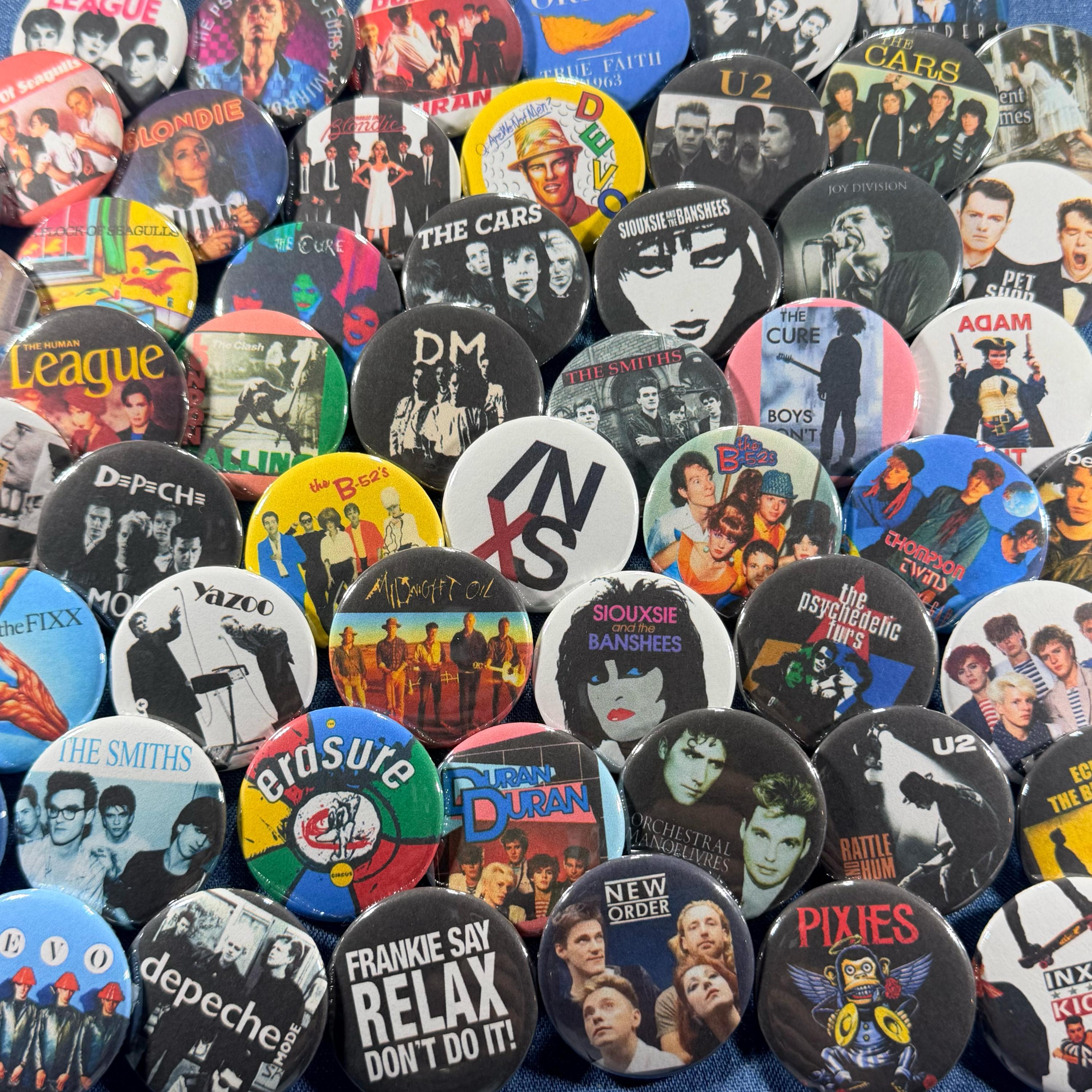 80s New Wave Bands Pinback Buttons Set of 56 Pins, Synth Pop Dance