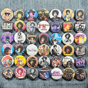 JIMI HENDRIX & The Experience 60&#39;s 70&#39;s Music Pinback Buttons Set of 42 Pins Psychedelic Classic Rock Funk Blues Soul Retro Choose Your Size