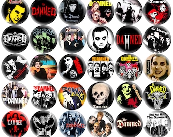 Juego de 30 botones The Damned, insignias de colección de música retro de bandas de deathrock gótico, post punk rock de los años 70 y 80. Elige tu talla.