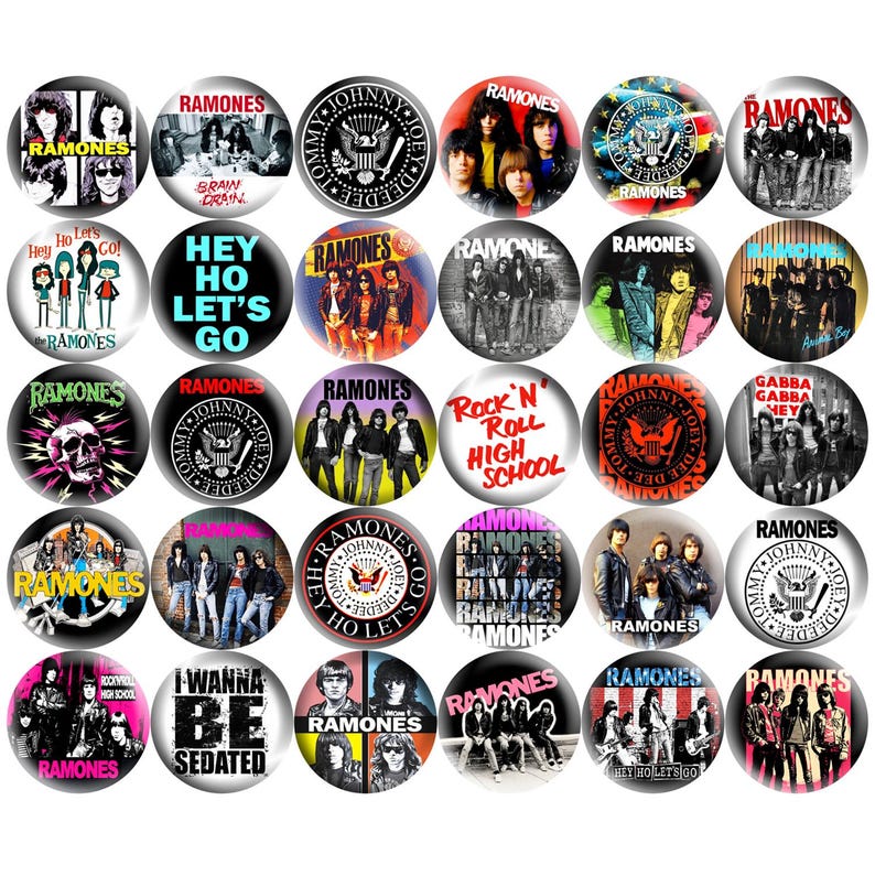 Ramones Pinback Buttons Set of 30 Pins, 70s 80s Punk Rock Power Pop Band Retro Music Badges Collectibles, Pick Your Size image 1