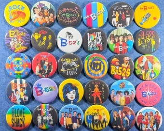The B-52s Pinback Buttons Set of 30 Pins, 80s New Wave Pop Dance Funk Surf Rock Retro Music Collectibles, Pick Your Size