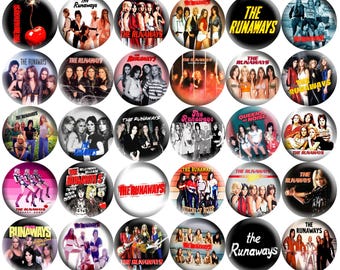 May include: A collection of round buttons featuring images of the rock band The Runaways. The buttons display various band photos, album art, and the band's logo in different styles and colors. Some buttons have text.
