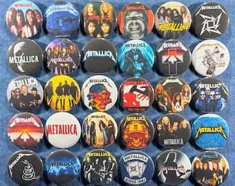 Metallica Pinback Buttons Set of 30 Pins, 80s 90s Heavy Metal Hard Rock Thrash Metal Band Badges Collectibles, Pick Your Size