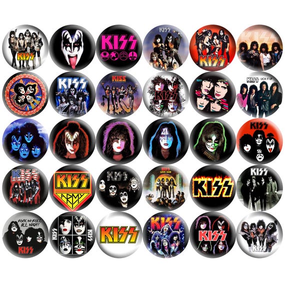 KISS Pinback Buttons Set of 30 Pins, 70s 80s Glam Metal Hard Rock
