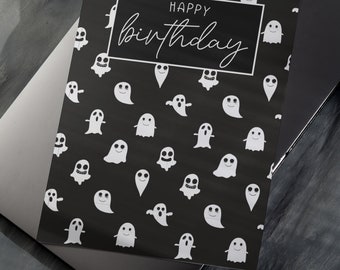 Handmade Birthday Card, Black and White Ghost Print, Pattern, Hammered Card, Envelope, Celebration, Magical, Family, Kid, Children, Greeting