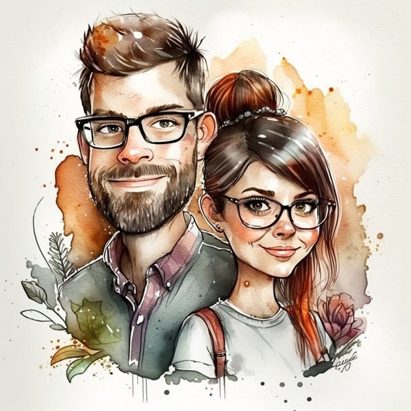 Watercolor couple caricatures from photos, caricature poster, personalized gift, watercolor portrait, couple caricature