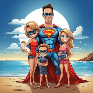Superhero family caricatures from photos, illustration, personalized gift, Portrait, original gift, caricature drawing