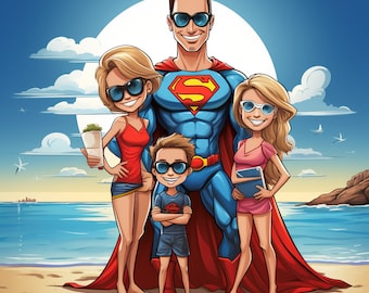 Superhero family caricatures from photos, illustration, personalized gift, Portrait, original gift, caricature drawing
