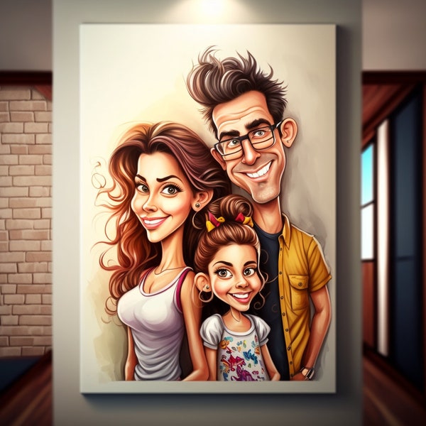 Caricature di famiglia da foto, illustrazione, regalo personalizzato, Ritratto, regalo originale, disegno caricaturale, decorazione ritratto