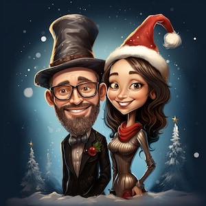 Christmas caricatures from photos, illustration, Christmas gift, Portrait, original gift, Christmas drawing, portrait decoration