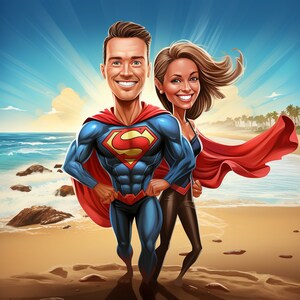Caricatures couple super héro à partir de photos, illustration, cadeau personnalisé, Portrait, cadeau original, dessin caricature