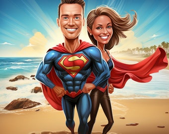 Superhero couple caricatures from photos, illustration, personalized gift, Portrait, original gift, caricature drawing