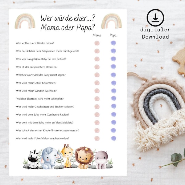 Babyparty - Spiel I Wer würde eher? I Babyartikel I babyshower I A4 I PDF I Sofort-Download I druckbar I digital I Mama o. Papa I Babytiere