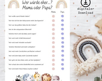 Babyparty - Spiel I Wer würde eher? I Babyartikel I babyshower I A4 I PDF I Sofort-Download I druckbar I digital I Mama o. Papa I Babytiere