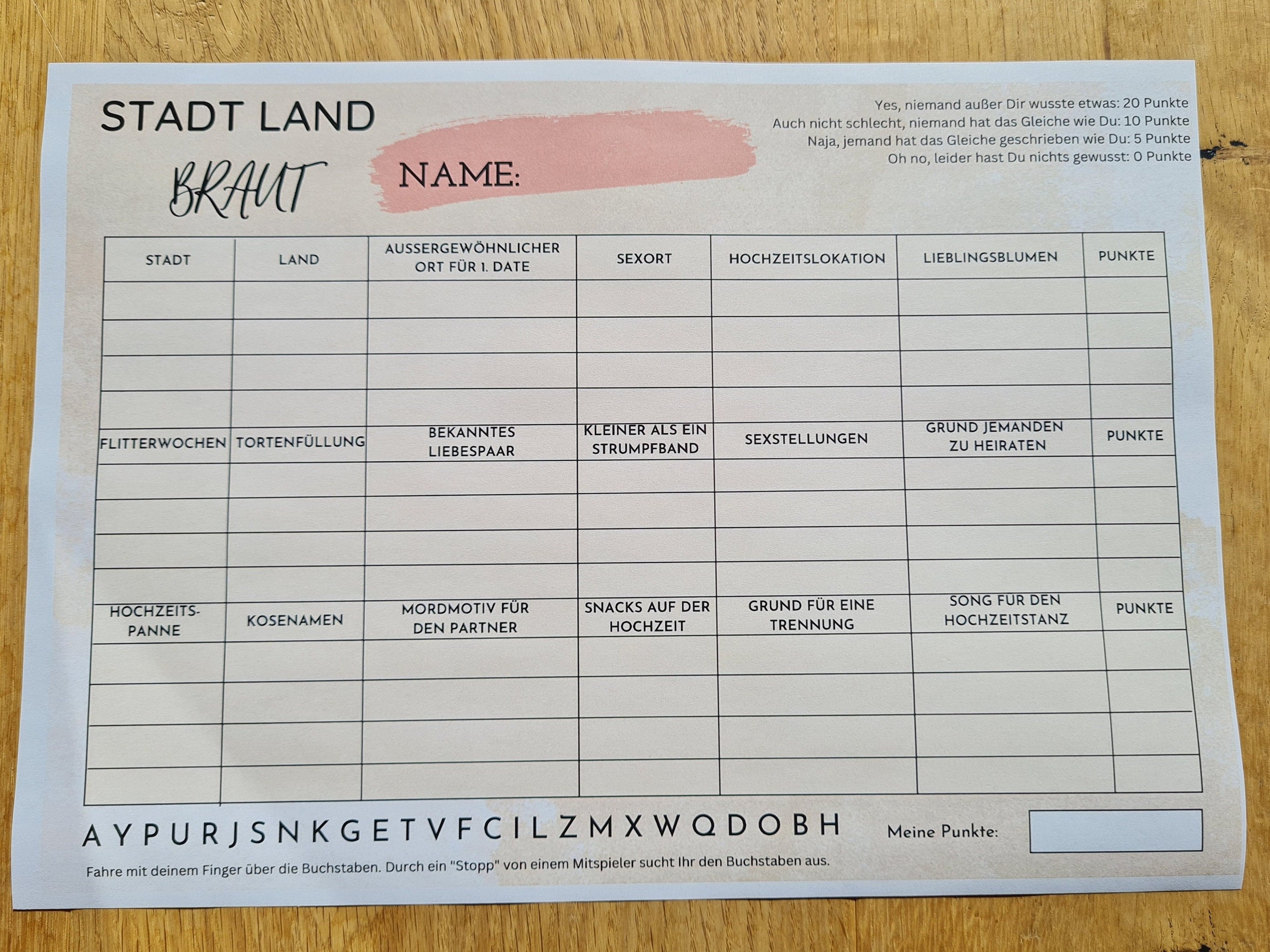 JGA-Spiel Stadt Land Braut / ausdruckbar / PDF-Datei / - Etsy.de