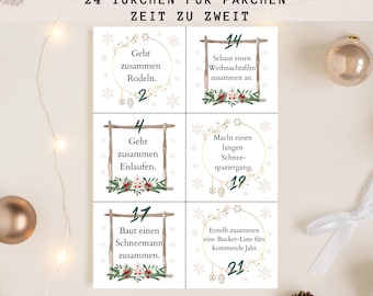 May include: A printable advent calendar sheet for couples featuring 24 activities, with text in German including 'ADVENTSKALENDER', '24 TÜRCHEN FÜR PÄRCHEN', and 'ZEIT ZU ZWEIT'. The design includes numbered boxes with festive illustrations of wreaths and branches.