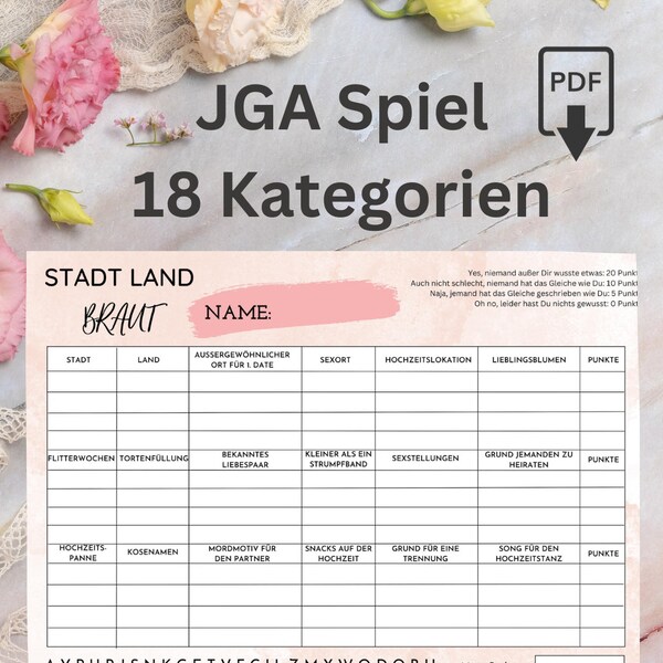 JGA Spiel - Stadt Land Braut / ausdruckbar / PDF-Datei / Sofort Download / A4 Format / 2 Designs / rosefarbig / Junggesellinnenabschied