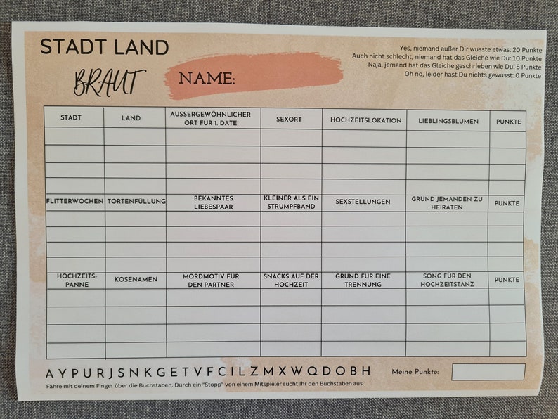 JGA-Spiel Stadt Land Braut / ausdruckbar / PDF-Datei / - Etsy.de
