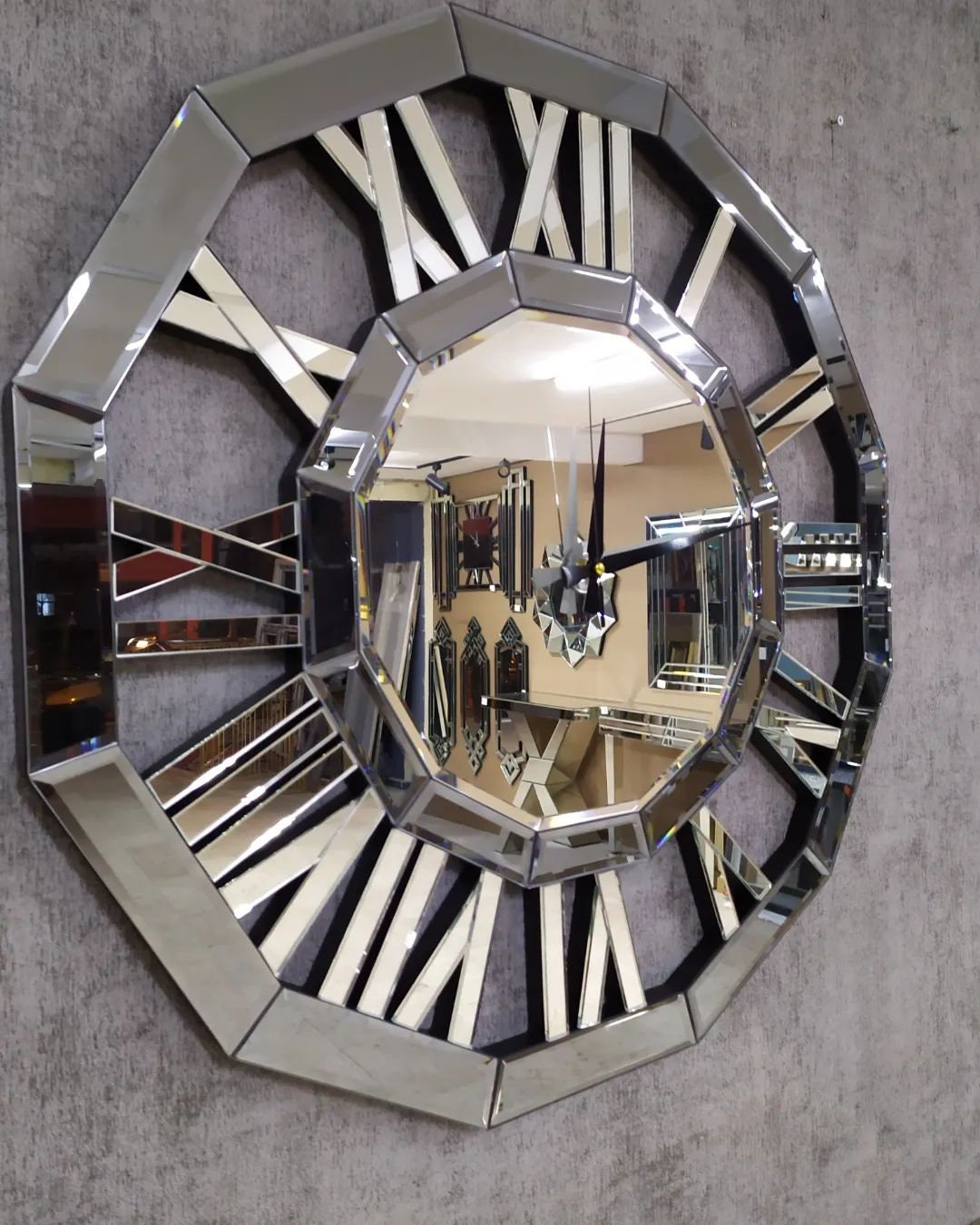Silver Circle Mirror Wall Clock, Mirror Wall Clock, Wall Art With Clock