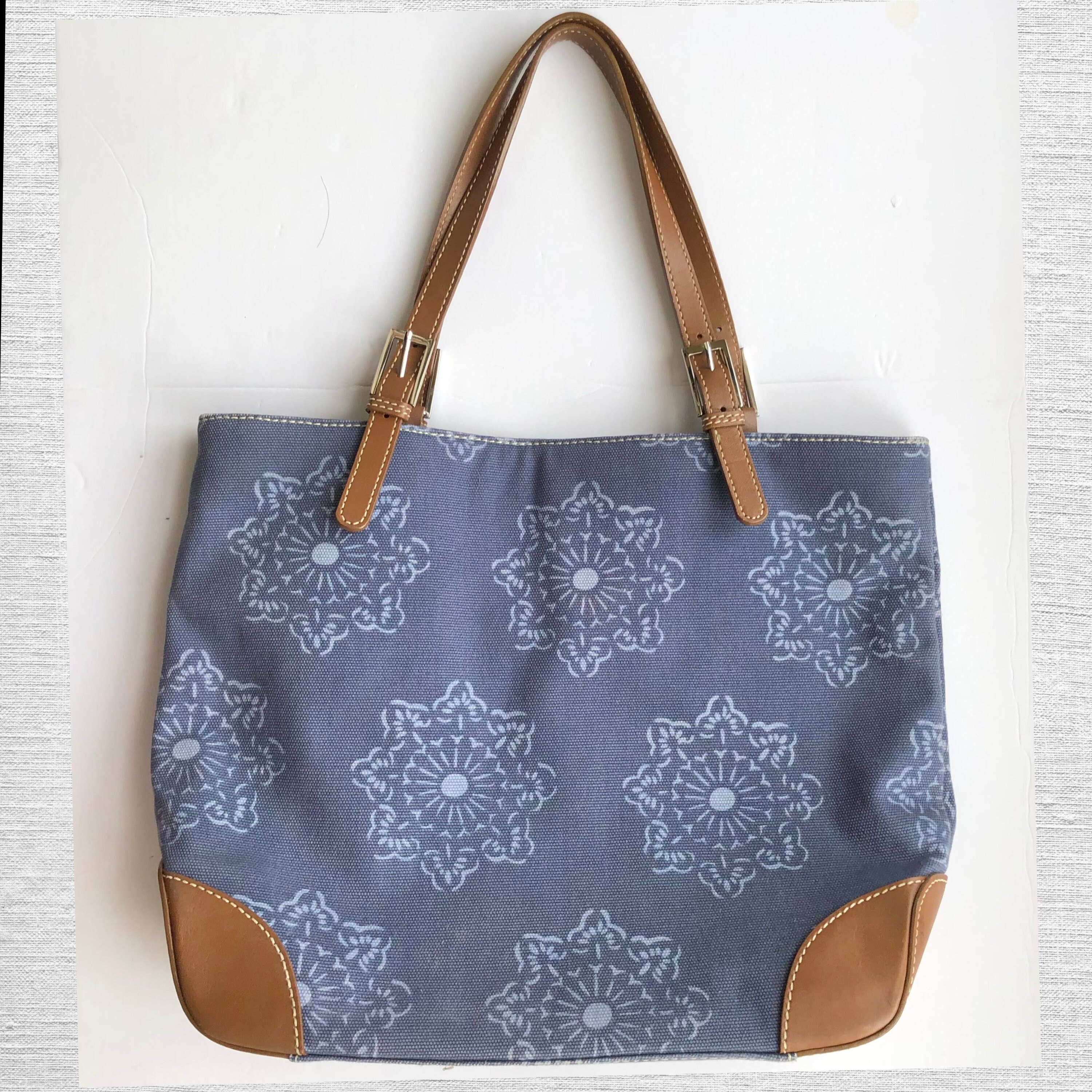 2000s Vintage Banana Republic Factory Tote Bag from 2003 Cotton with Leather Handles Blue with Light Blue Lining Mandala Flower Design Etsy