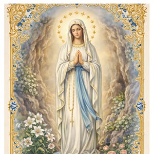 Immaginetta della Madonna di Lourdes stampabile / Immagine cattolica digitale da scaricare / Arte religiosa