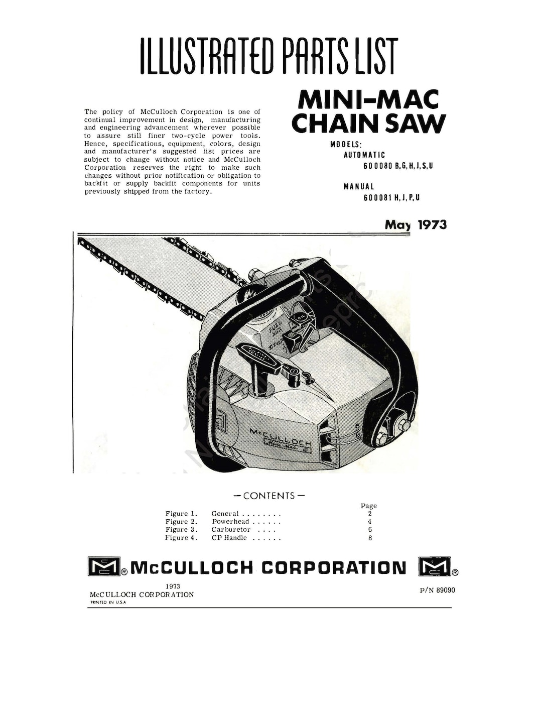 1973 Minimac Chainsaw Illustrated Parts List Manual Fits Mcculloch