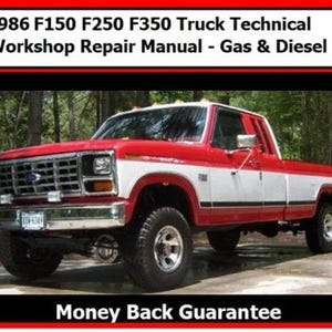 Op de afbeelding: Een rode en witte Ford F150, F250 of F350 pick-up truck uit 1986. De truck heeft een witte streep langs de zijkant en een zwarte bumper. De tekst "1986 F150 F250 F350 Truck Technical Workshop Repair Manual - Gas & Diesel" staat bovenaan de afbeelding. De tekst "Money Back Guarantee" staat onderaan de afbeelding.